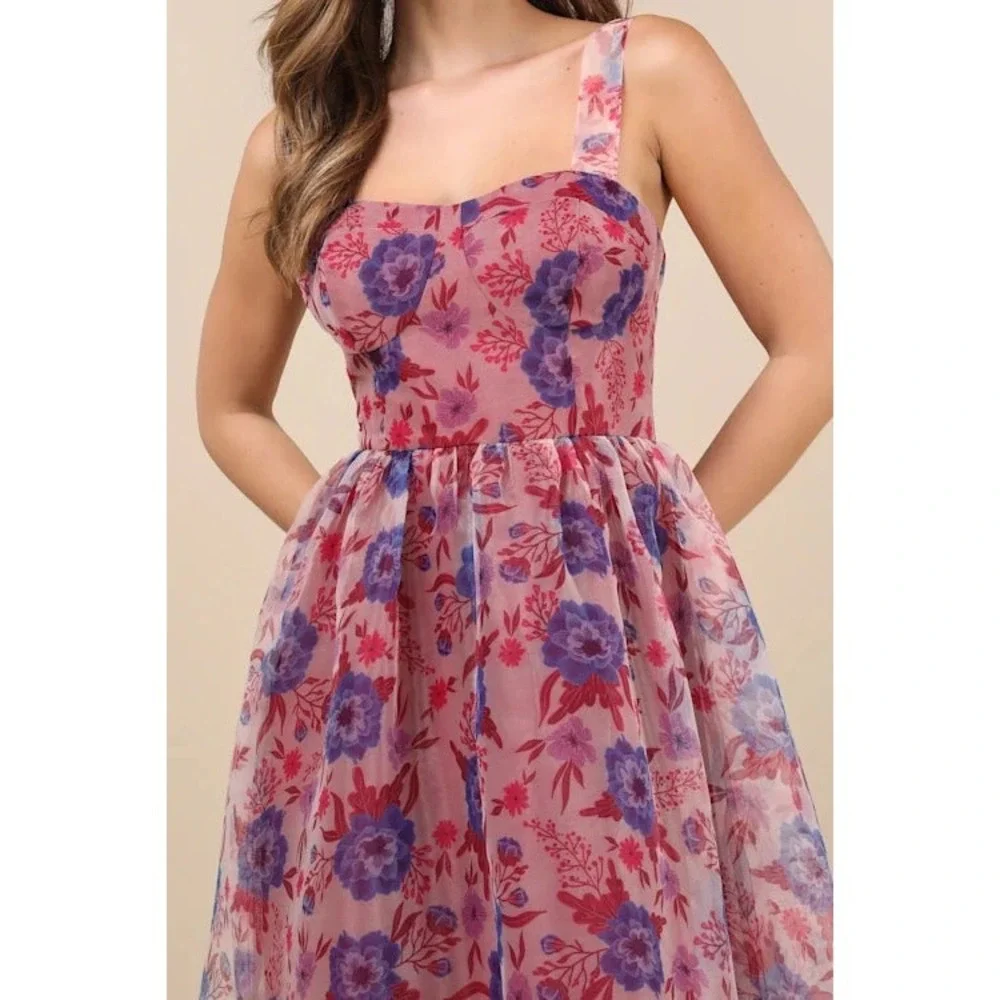 Lulus Delightful Look Magenta Floral Print Bustier‎ Midi Skater Dress Size L - Picture 5 of 14